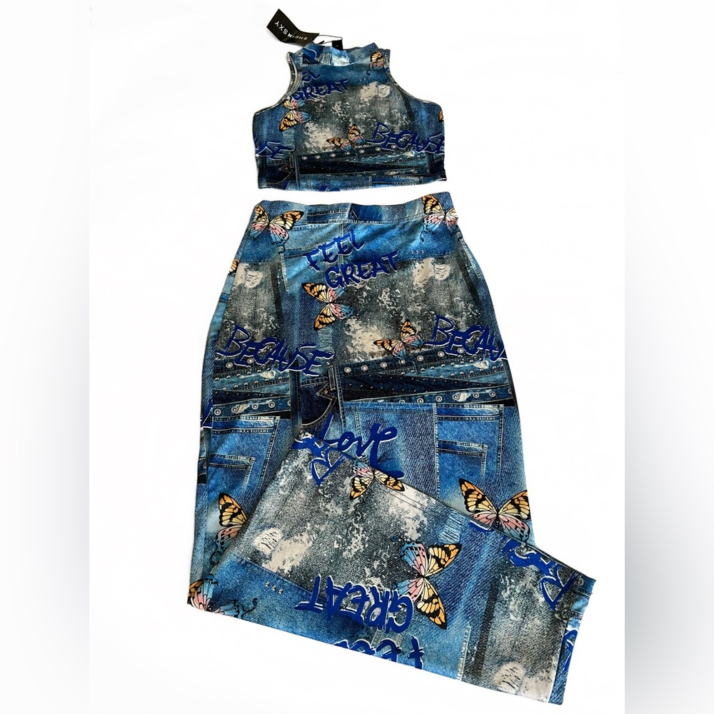 SHEIN Butterfly & Slogan Graphic Mock Neck Tank Top & Pencil Skirt Size XS